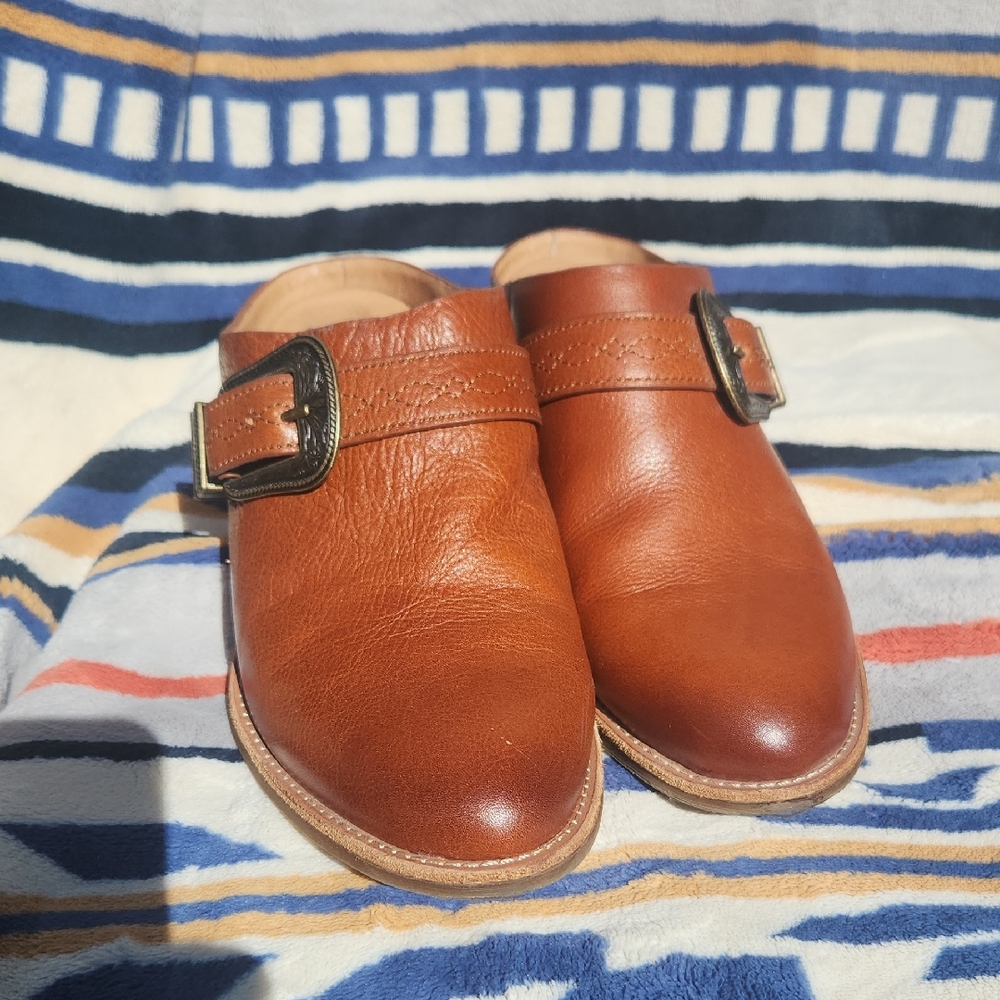 Brown Leather Buckle Mules